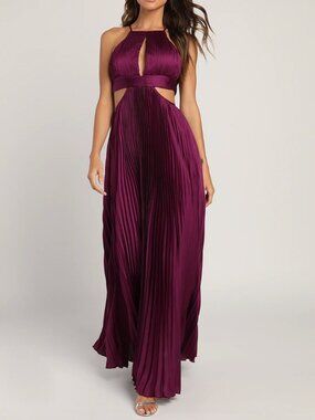 Lulus Minuet Essence of Elegance Plum Satin Pleated Halter Maxi Dress